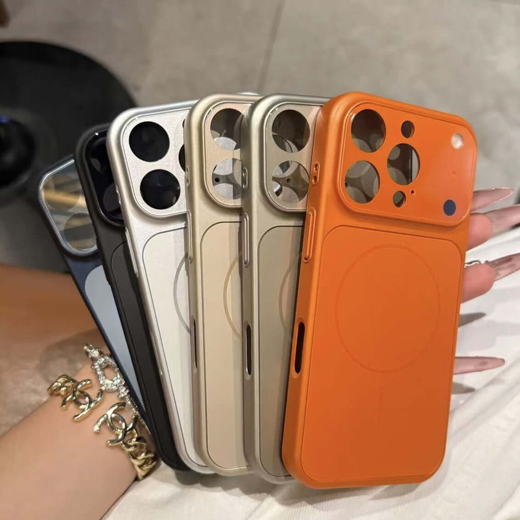 Collection of shockproof magnetic iPhone cases in various colors for iPhone 13 to 17 series.