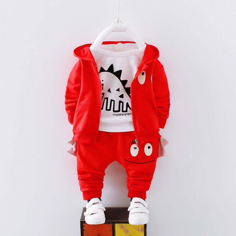 Cotton children's clothing - Red dinosaur outfit for boys and girls, soft and breathable for everyday wear.