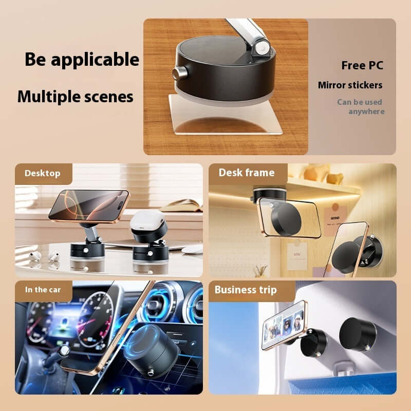 Vacuum suction car phone holder shown in multiple scenes including desktop, car, and business settings.