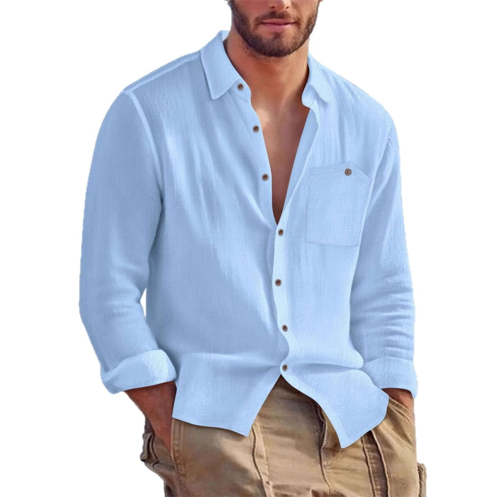 Men's Linen Blend Long-Sleeve Cardigan Shirt – Open Front in 7 Colours - All you Need