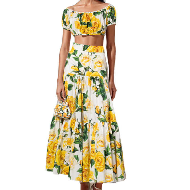 Women's printed skirt two-piece outfit featuring a floral off-the-shoulder top and a coordinating maxi skirt.