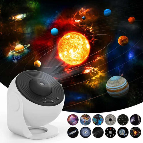 12-in-1 galaxy projector night light projecting planets and stars in vibrant colors for an immersive cosmic experience.