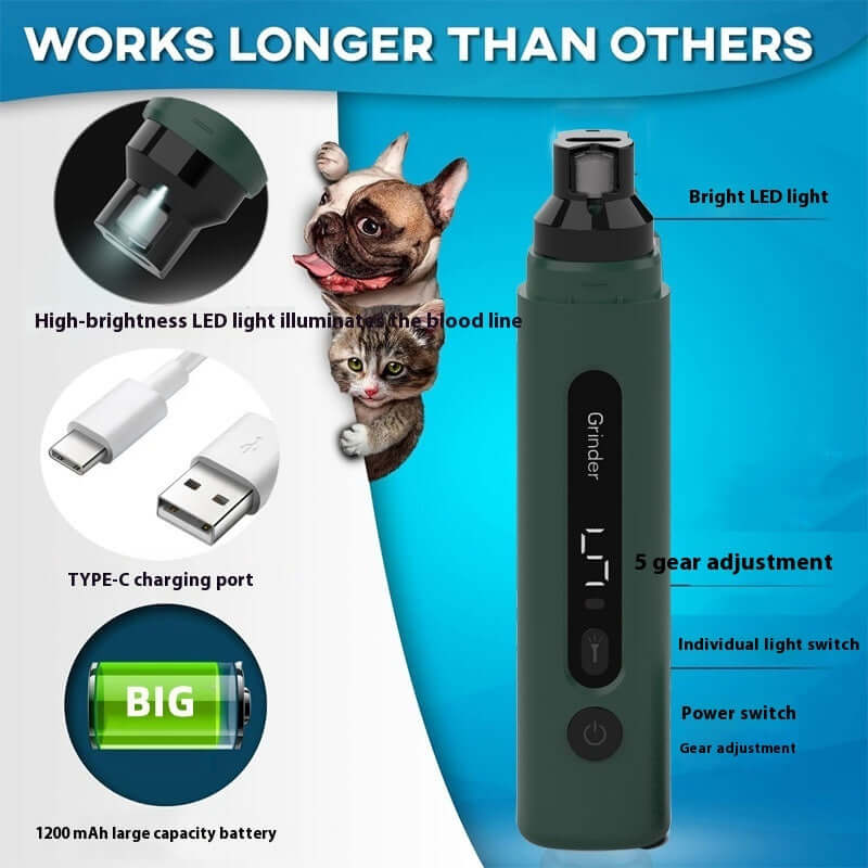 Image of electric dog nail grinder with LED light, 5 speed settings, and USB charging port.
