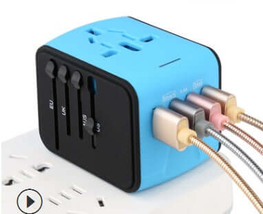 Multi-function power socket adapter in blue color with multiple outlet options for travel and home use.