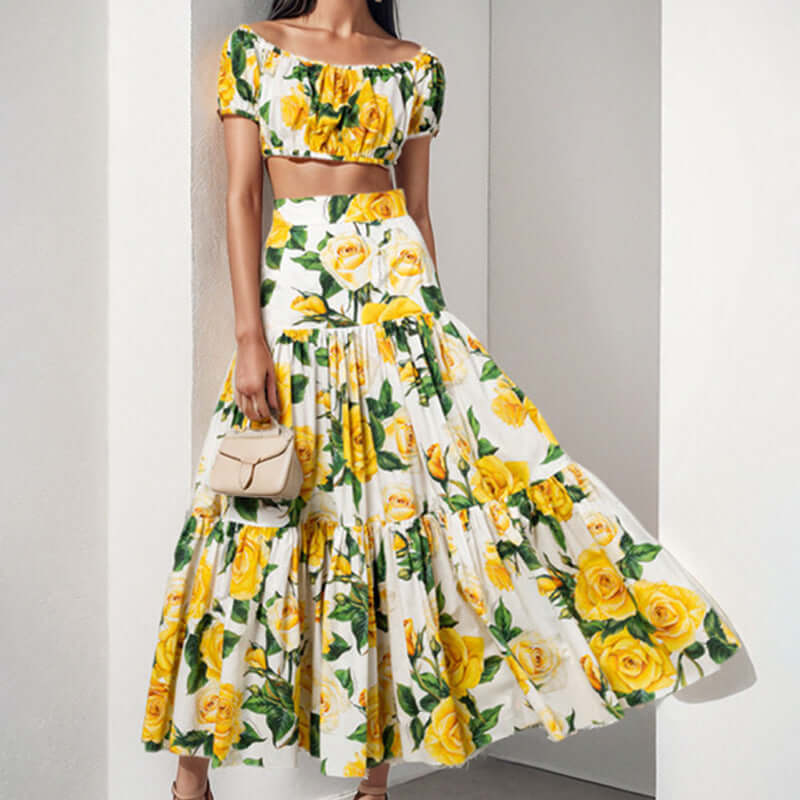 Women's printed skirt two-piece outfit featuring a floral design with yellow roses, perfect for any occasion.