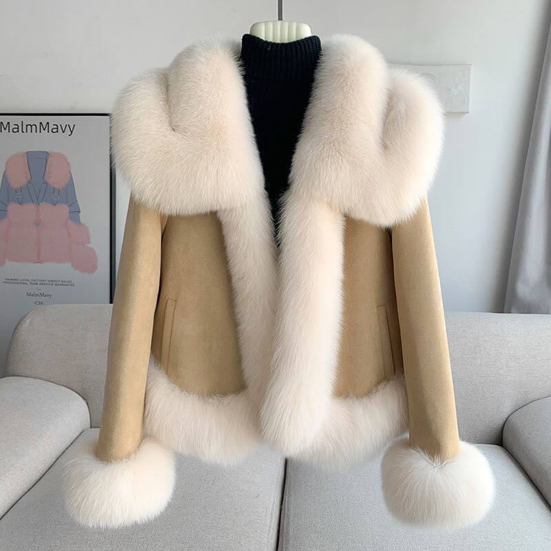 Stylish winter fur coat for women with luxurious faux fur collar and sleeves in a beige color.