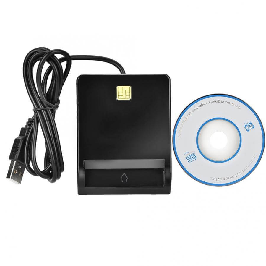 USB multi-format card reader featuring a compact design with a USB cable and included software CD.