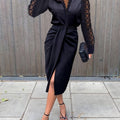 Elegant bodycon dress v neck featuring lace sleeves and a stylish wrap skirt for a chic look.
