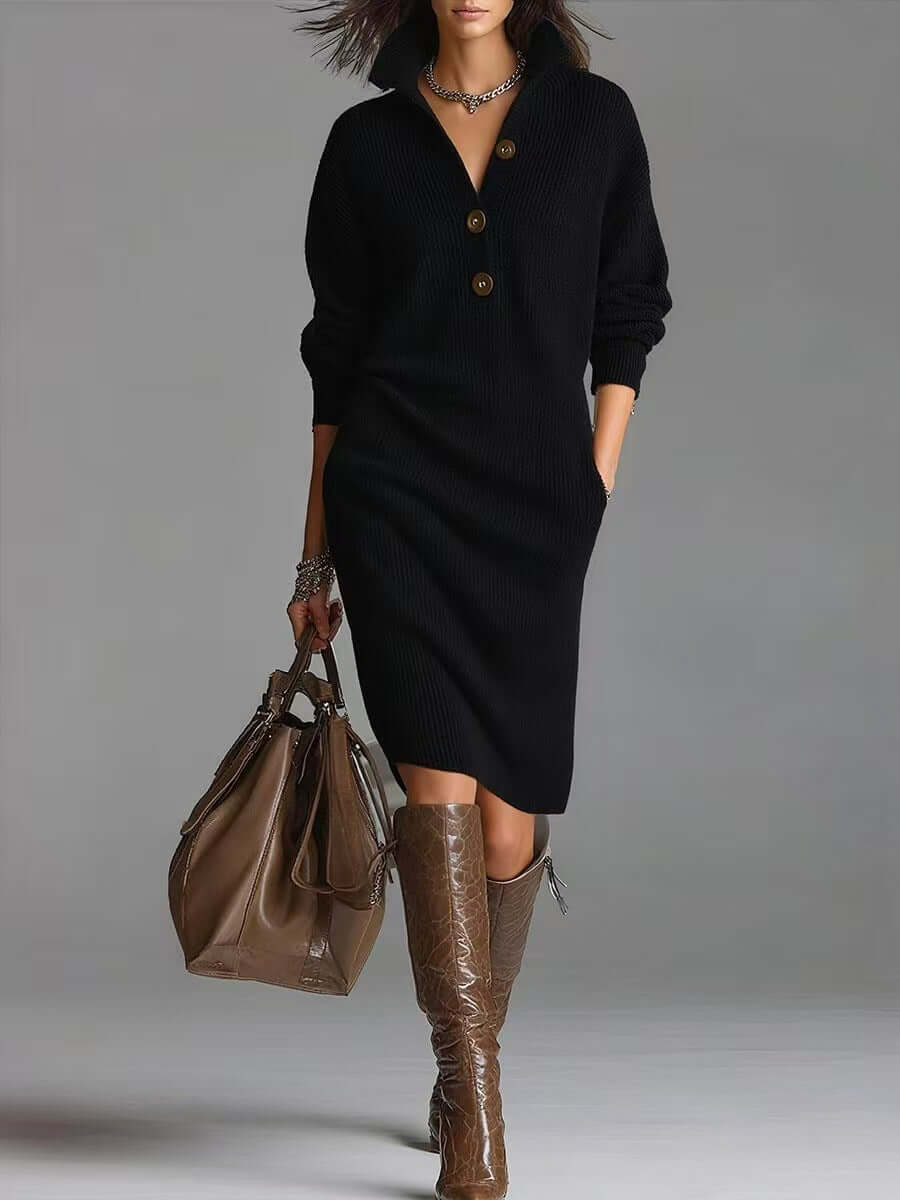 Cozy knit sweater dress featuring buttons, black color, ideal for autumn and winter styling.