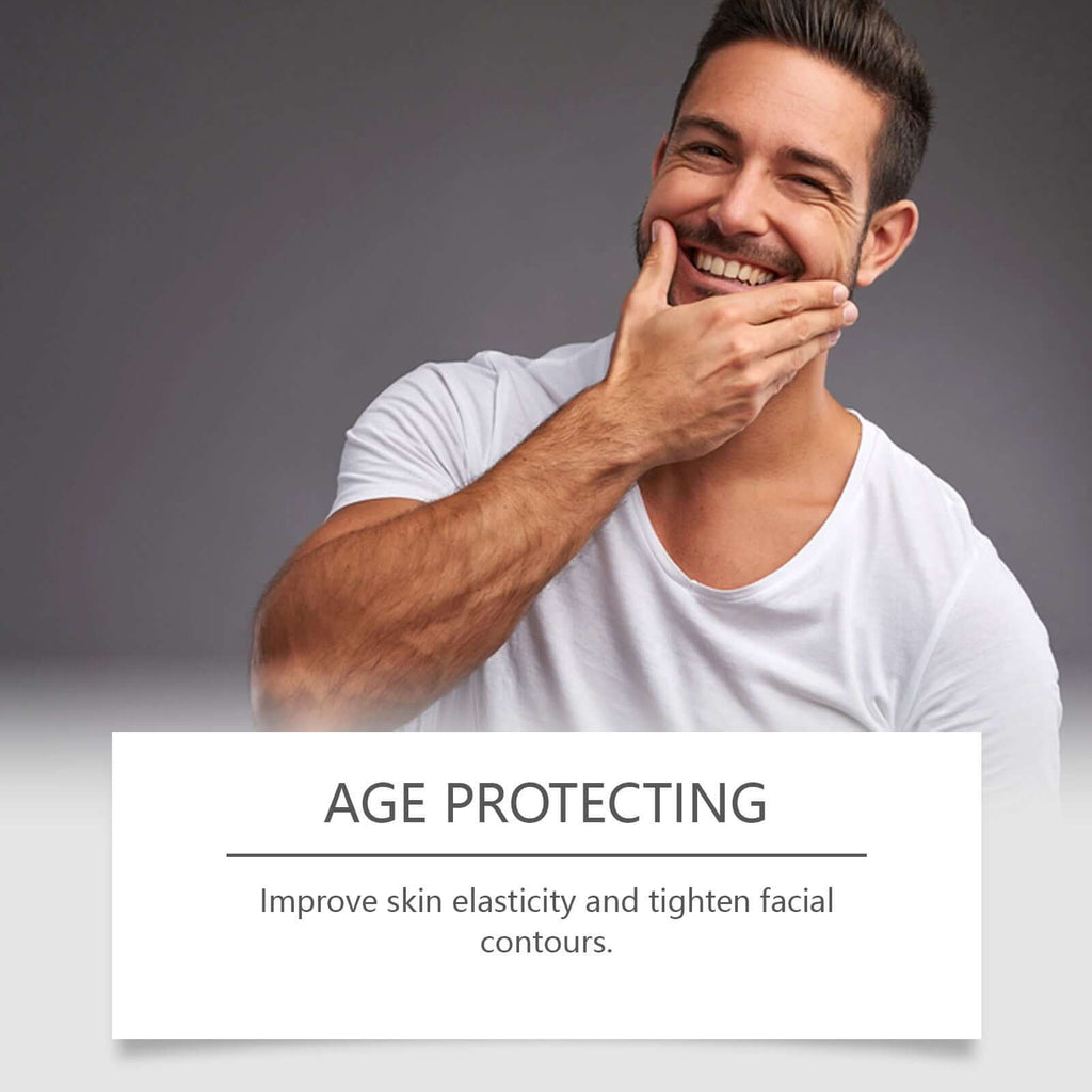 Men's deep cleansing face treatment promoting age protection for improved skin elasticity and facial contours.