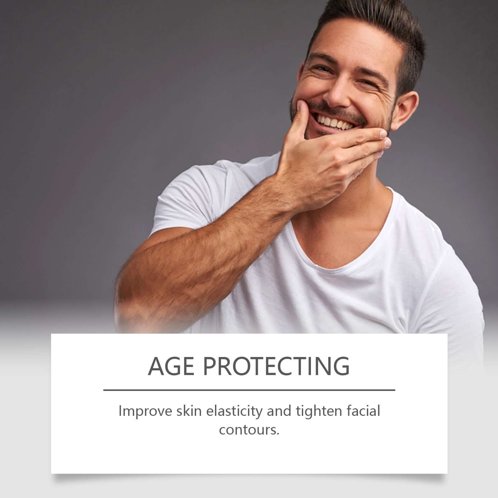 Men's deep cleansing face treatment promoting age protection for improved skin elasticity and facial contours.