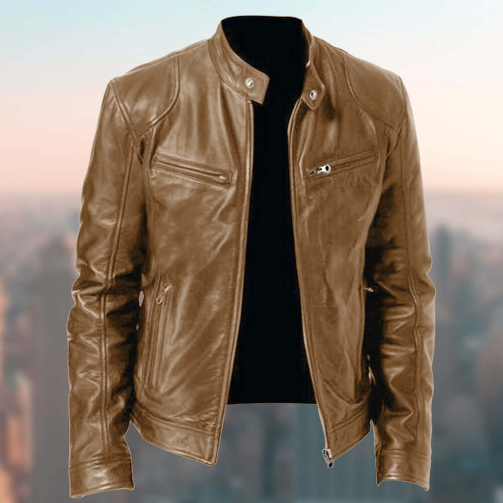 Stylish PU leather coat in brown, perfect for all seasons, offering elegance and versatility.