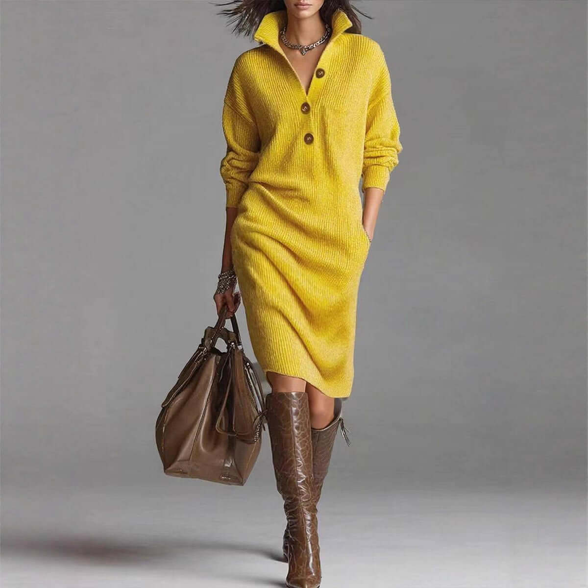 Cozy knit sweater dress in vibrant yellow paired with tall brown boots for autumn fashion.