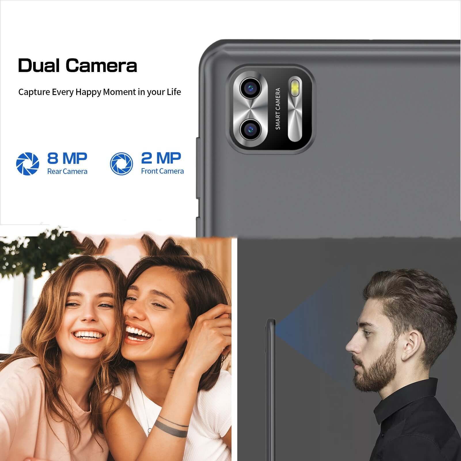 Dual camera features of the portable Android tablet for work and study with 8 MP rear and 2 MP front cameras.