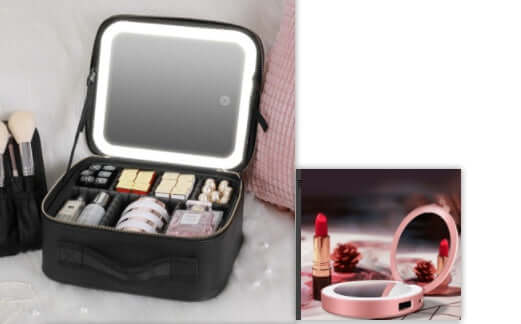 Smart LED lighted makeup case with large capacity, 4K mirror, and adjustable fill light for flawless application.