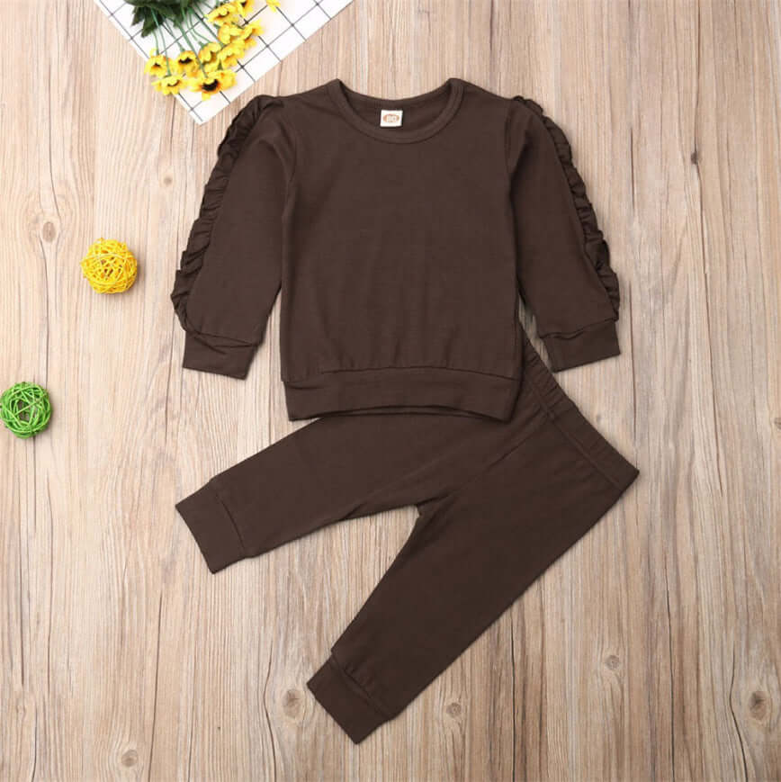 Kids ruffle sweatshirt set featuring a cotton jumper and matching pants in brown, perfect for boys and girls.