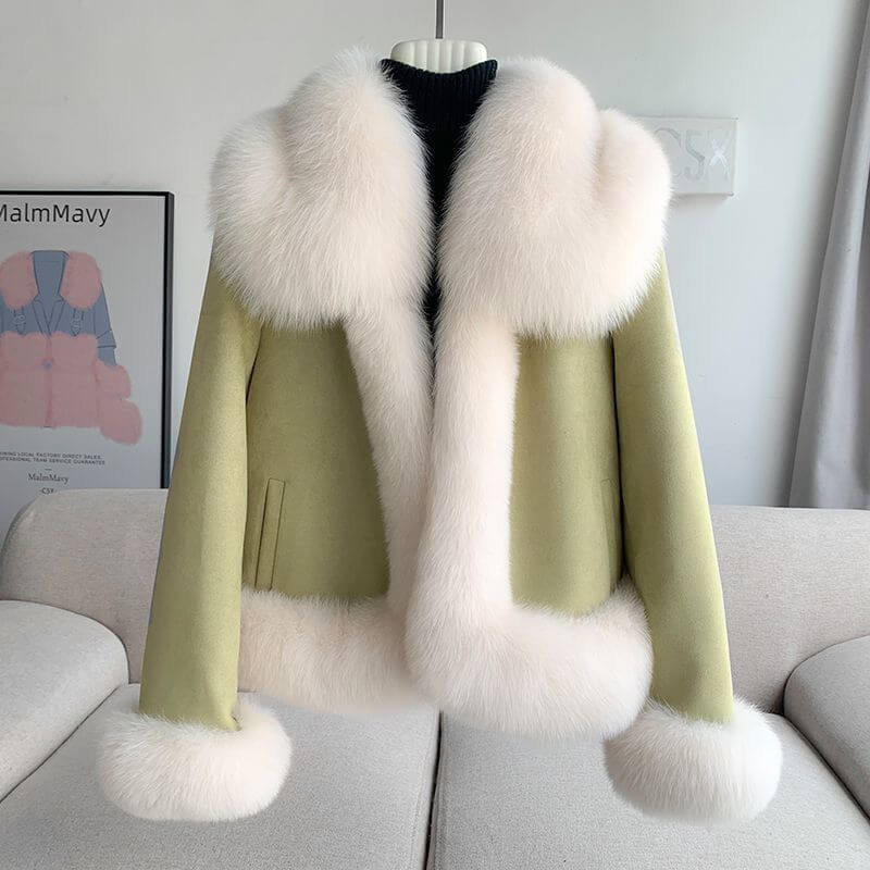 Stylish winter fur coat in matcha green with a plush white fur collar and cuffs for women.