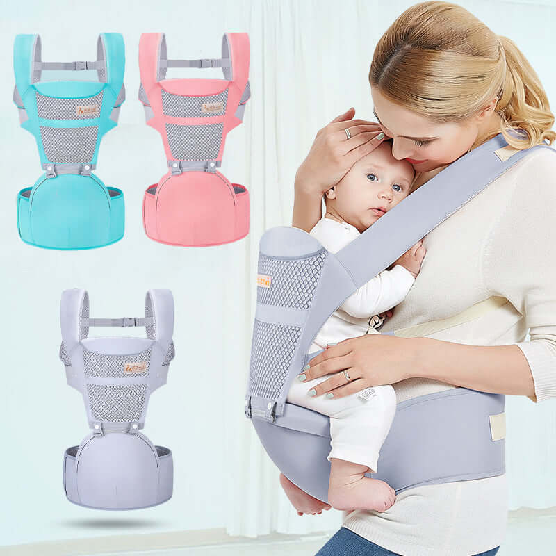 Ergonomic baby carrier with waist support in multiple colors for infants aged 0–48 months.