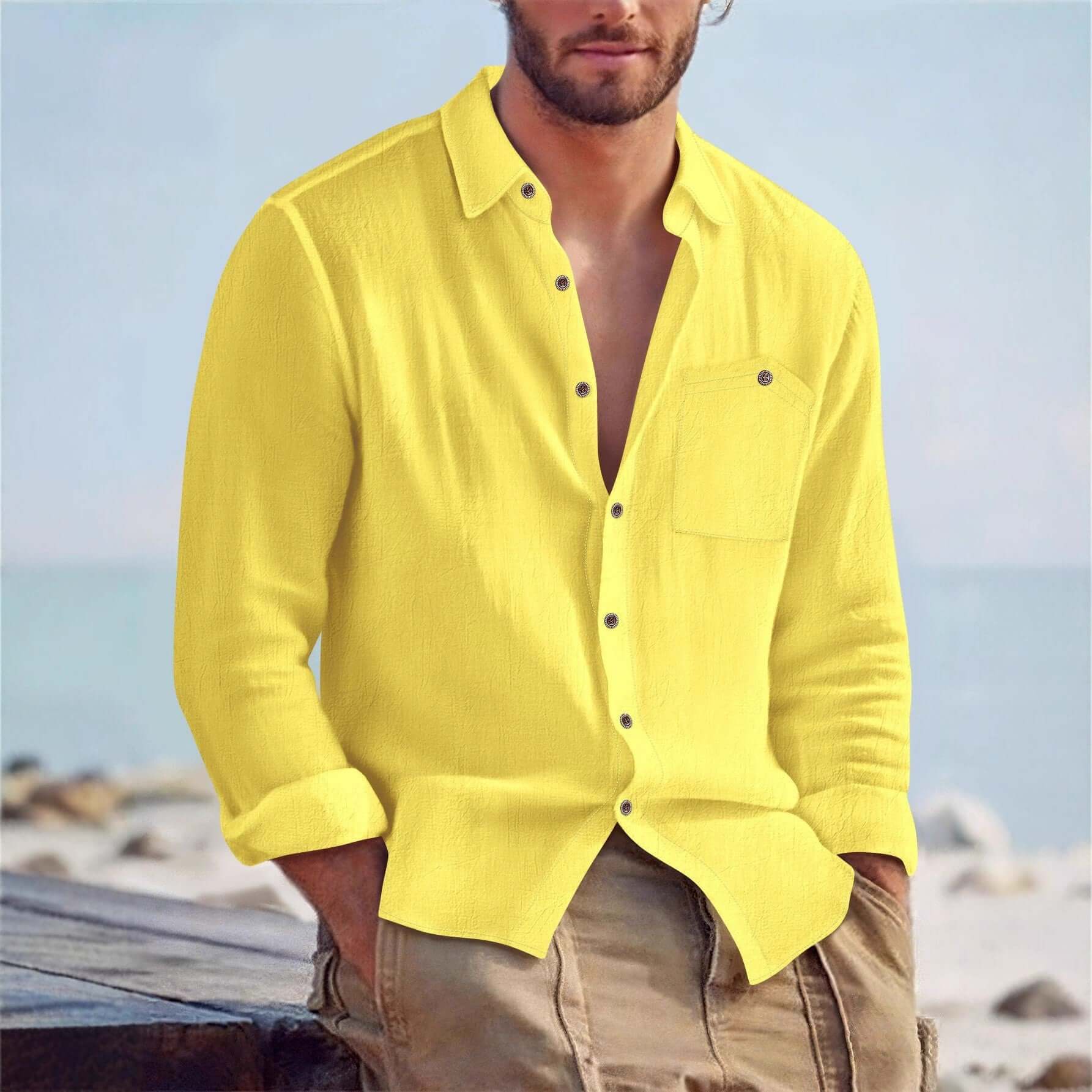 Men's Linen Blend Long-Sleeve Cardigan Shirt – Open Front in 7 Colours - All you Need
