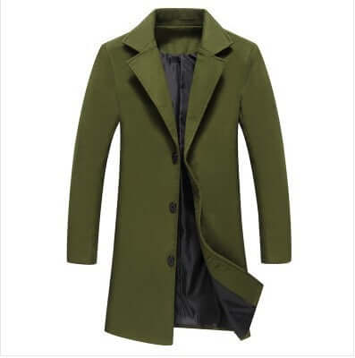 Business woolen overcoat in olive green, tailored design for men, perfect for autumn and winter formal occasions.