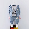 Cotton children's clothing set featuring a blue jacket, playful t-shirt, and matching pants for boys and girls.