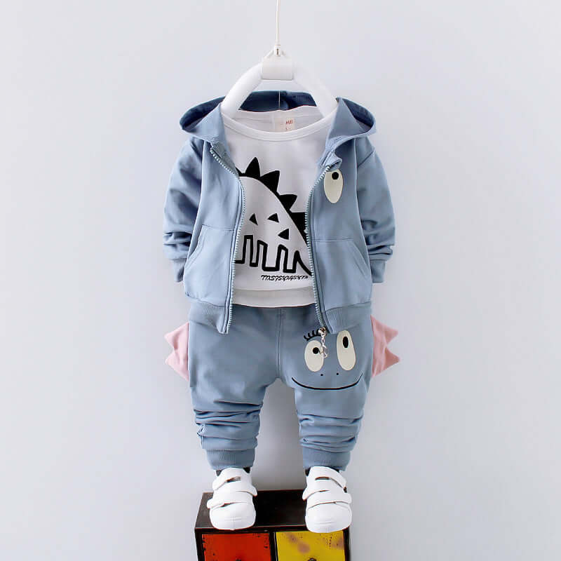 Cotton children's clothing set featuring a blue jacket, playful t-shirt, and matching pants for boys and girls.