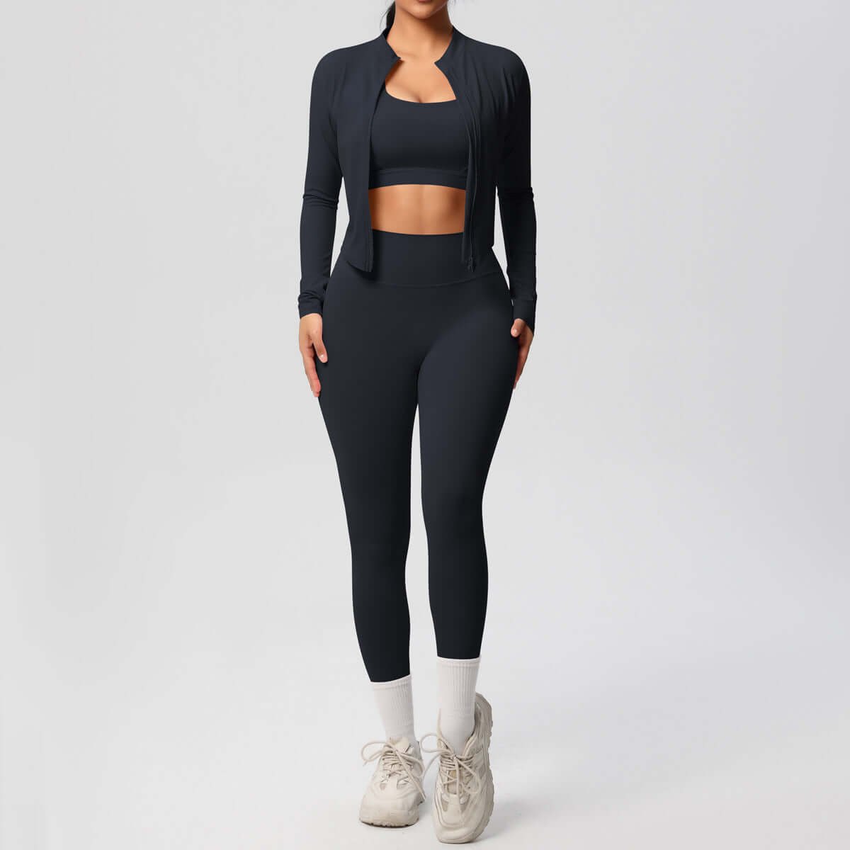 Women's yoga outfit set featuring a spandex activewear coat, top, and trousers for yoga and casual wear.