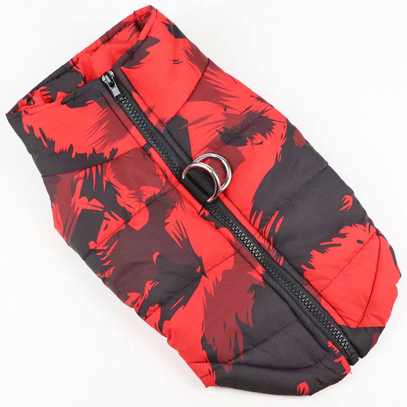 Christmas dog vest in vibrant red and black with zipper for easy wearing.