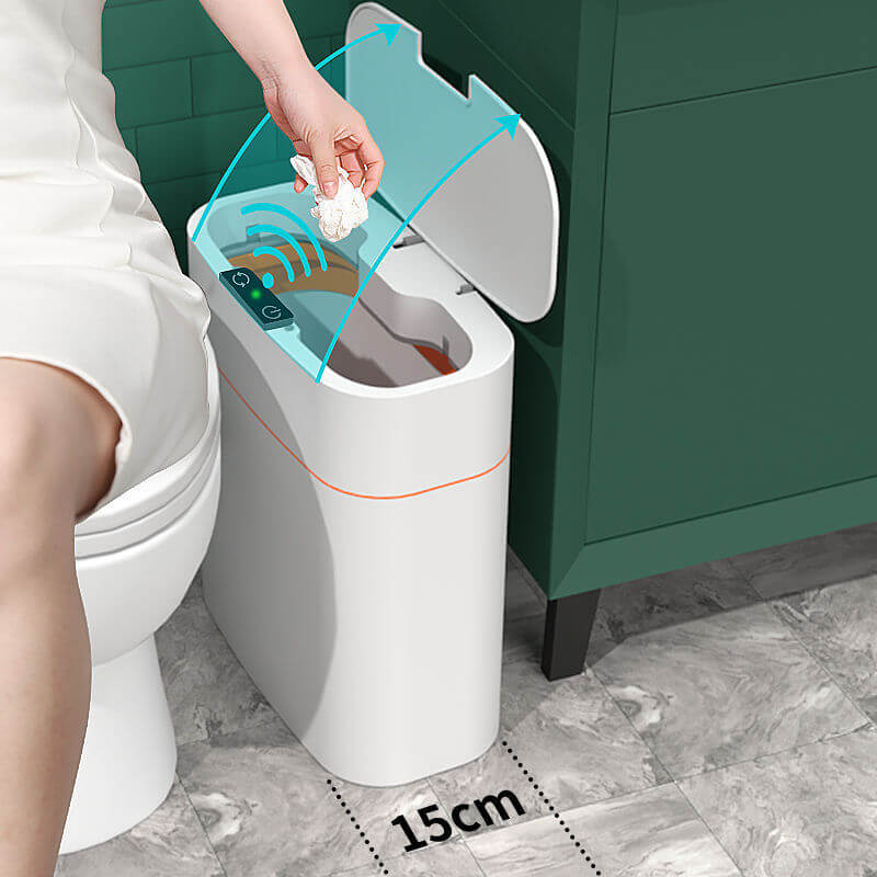 Smart motion sensor trash bin with automatic open feature, placed beside a toilet, showcasing touchless operation.