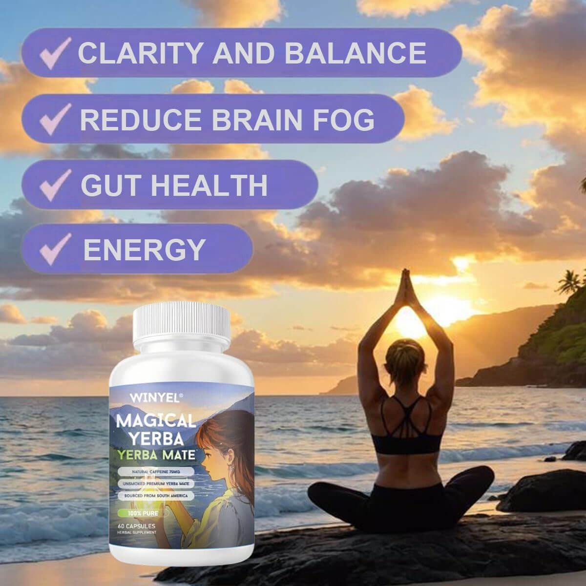 Natural caffeine energy capsules in front of a woman practicing yoga at sunset, promoting energy and well-being.