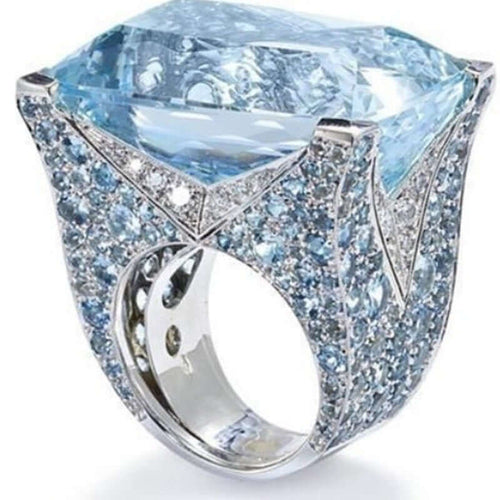 Elegant blue square ring for women with sparkling artificial gems and a stunning design.