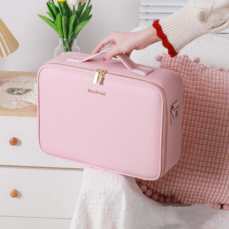 Smart LED lighted makeup case in pink, large capacity PU leather cosmetic bag for travel and storage. Ideal for makeup organization.