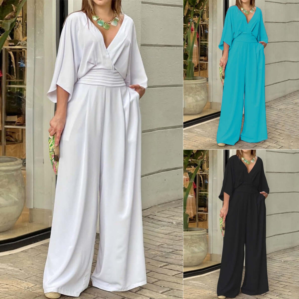 Model wearing v-neck jumpsuit in three colors: white, peacock blue, and black showcasing its stylish design.