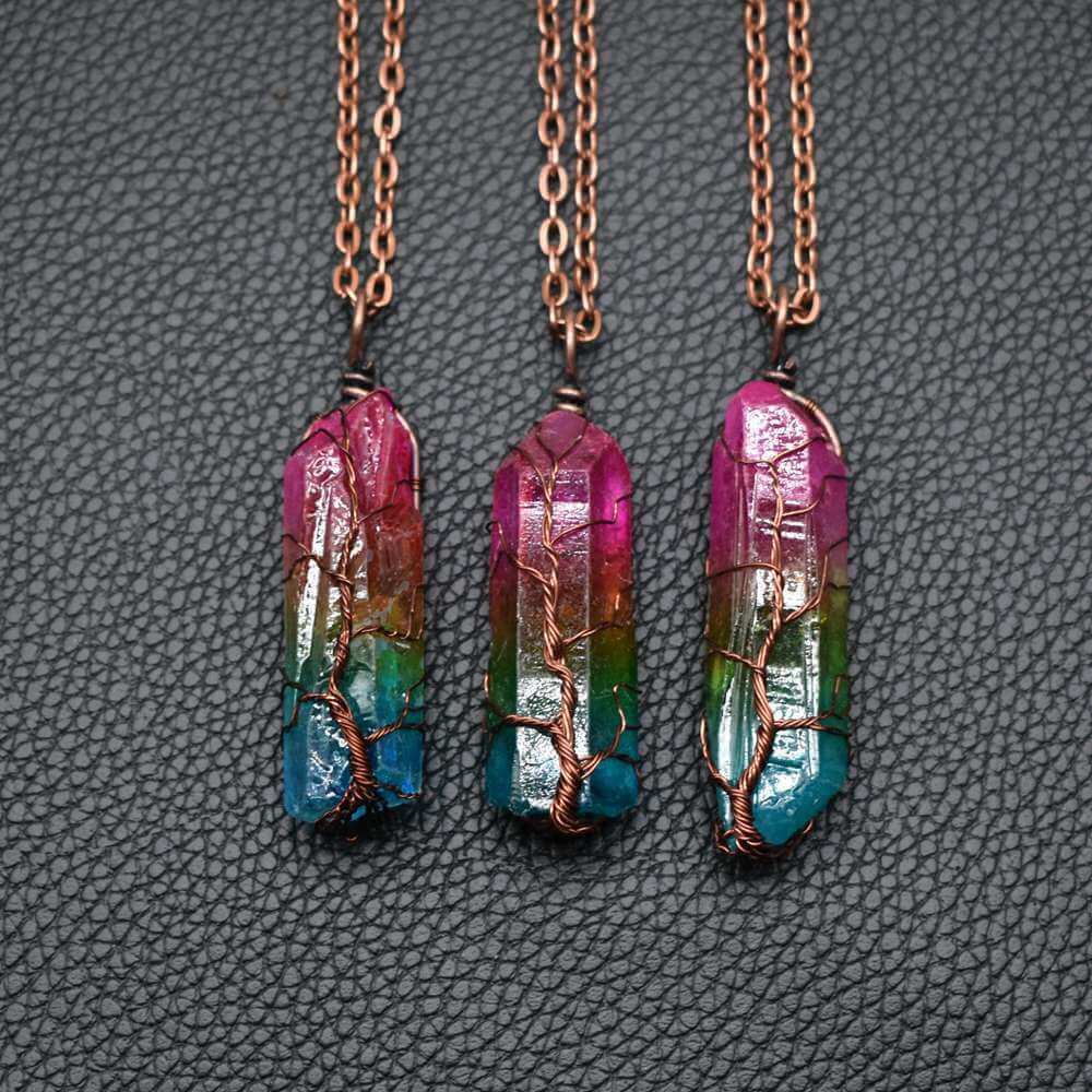 Tree of Life crystal necklace featuring colorful stone crystals on copper chain for women.