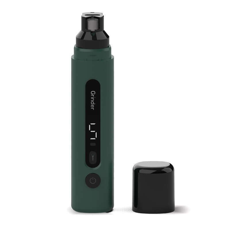 Electric dog nail grinder in green with a protective cap, featuring a digital display and adjustable speed settings.
