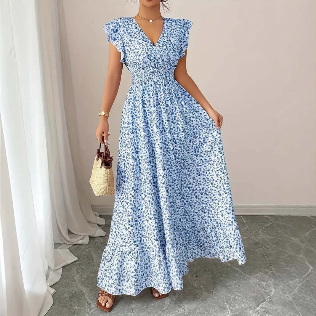 Women's floral summer dress with ruffle sleeves in blue floral print, perfect for casual spring and summer occasions.