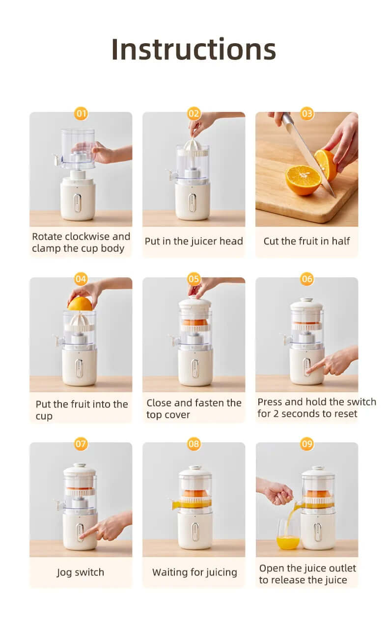 Instructions for using the wireless electric orange juicer, showcasing steps for juicing and fruit preparation.