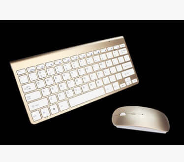 Wireless Bluetooth keyboard mouse combo in gold color with slim design and 78 keys on a clean black background.