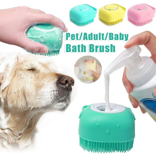 Silicone dog bath massage gloves for soothing cleaning and grooming of pets, easy to use with shampoo dispenser.