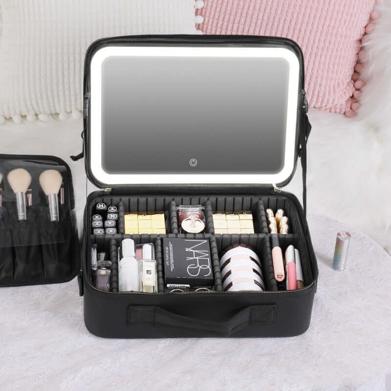 Smart LED lighted makeup case open showing 4K mirror and adjustable fill light with organized cosmetics and brushes.