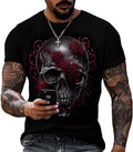 Man wearing a printed short sleeve skull head graphic t-shirt with roses on a black background.