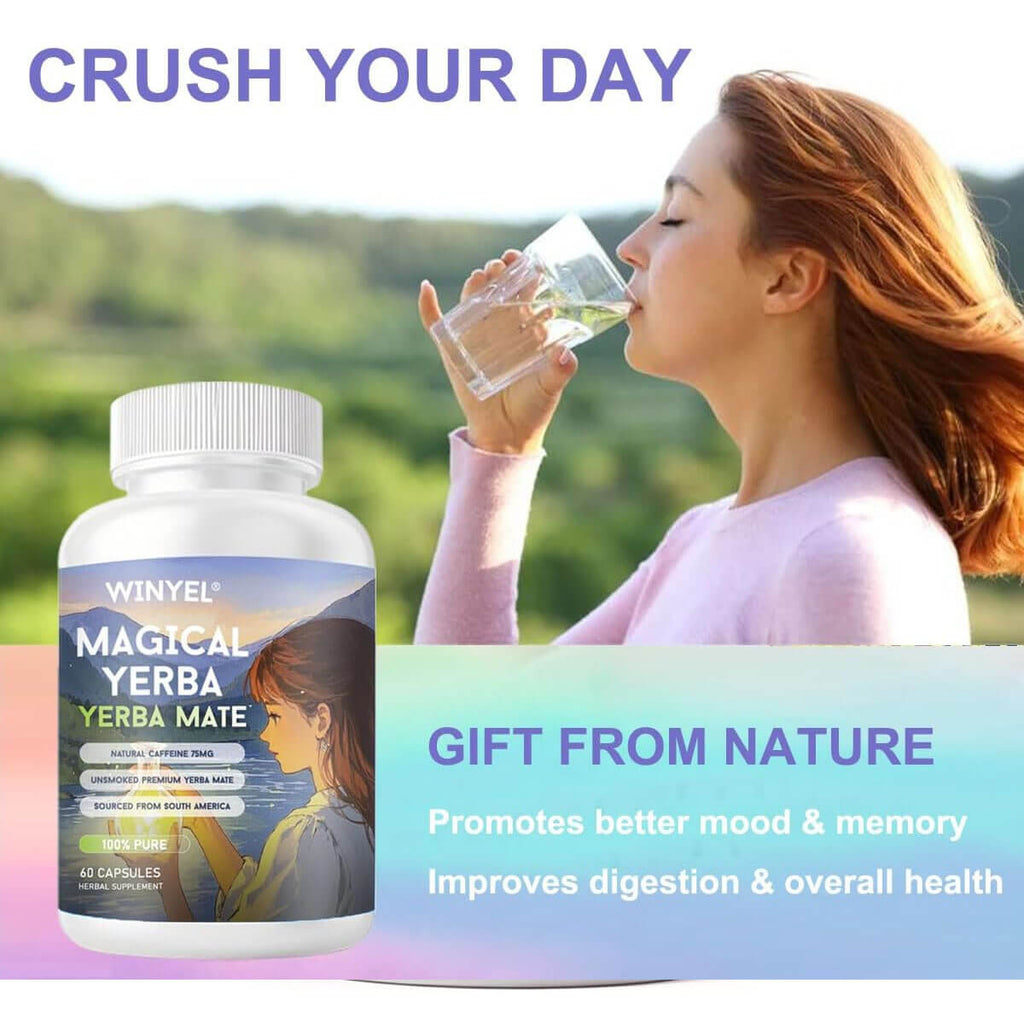 Natural caffeine energy capsules promoting better mood and memory with unsmoked Yerba Mate for overall health.