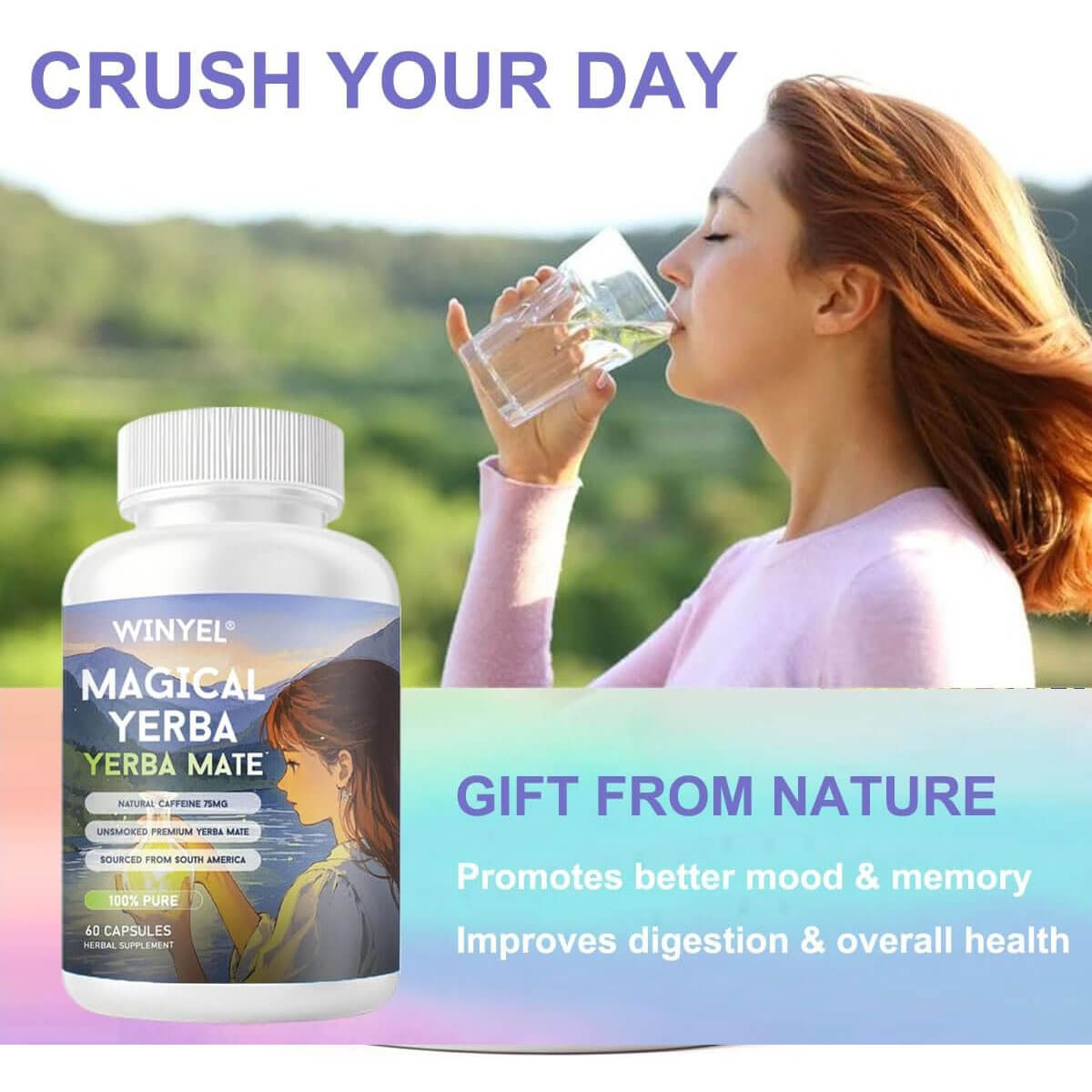 Natural caffeine energy capsules promoting better mood and memory with unsmoked Yerba Mate for overall health.