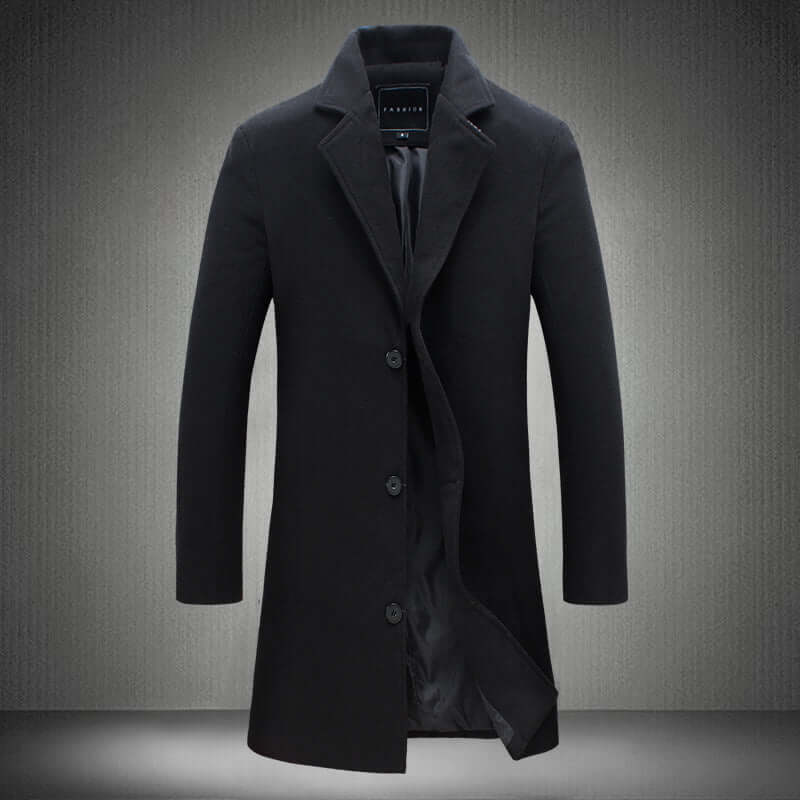 Business woolen overcoat for men, premium tailored black coat, autumn winter formal wear.