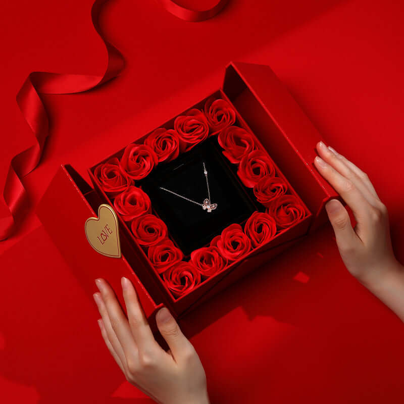Valentine's Day romantic luxury gift box with necklace and red roses, perfect gift for her or him.