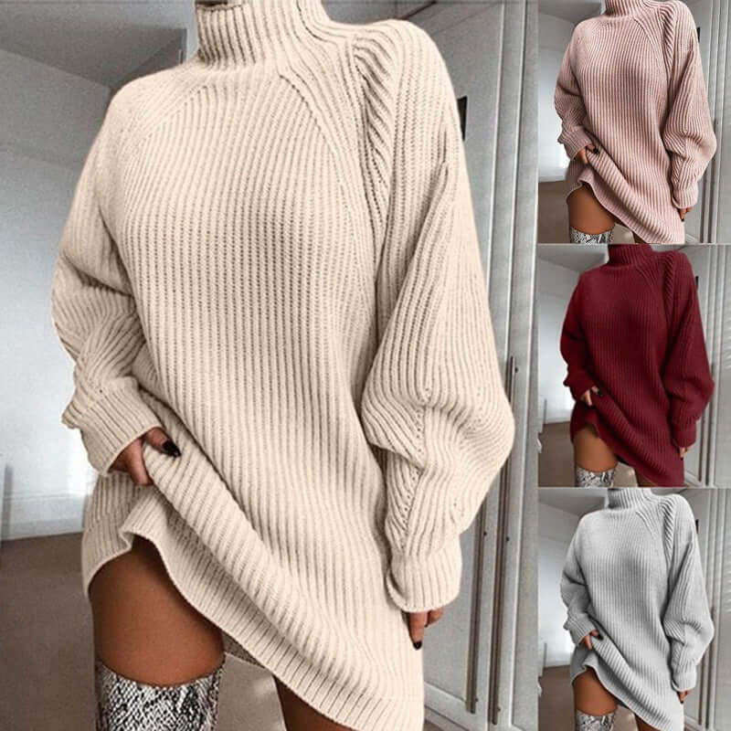 Turtleneck sweater dress in solid beige color, showcasing cozy knit design perfect for autumn and winter fashion.