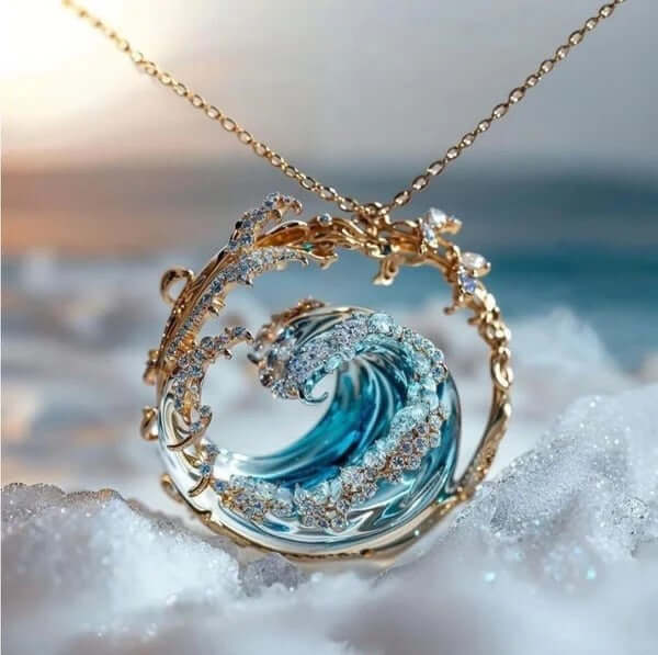 Stainless steel spray finish necklace featuring a wave design embellished with blue and clear stones, elegant and unique.