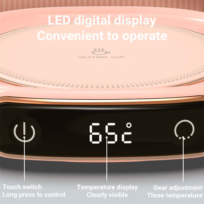 USB mug warmer coaster with LED digital display for easy temperature control and operation.