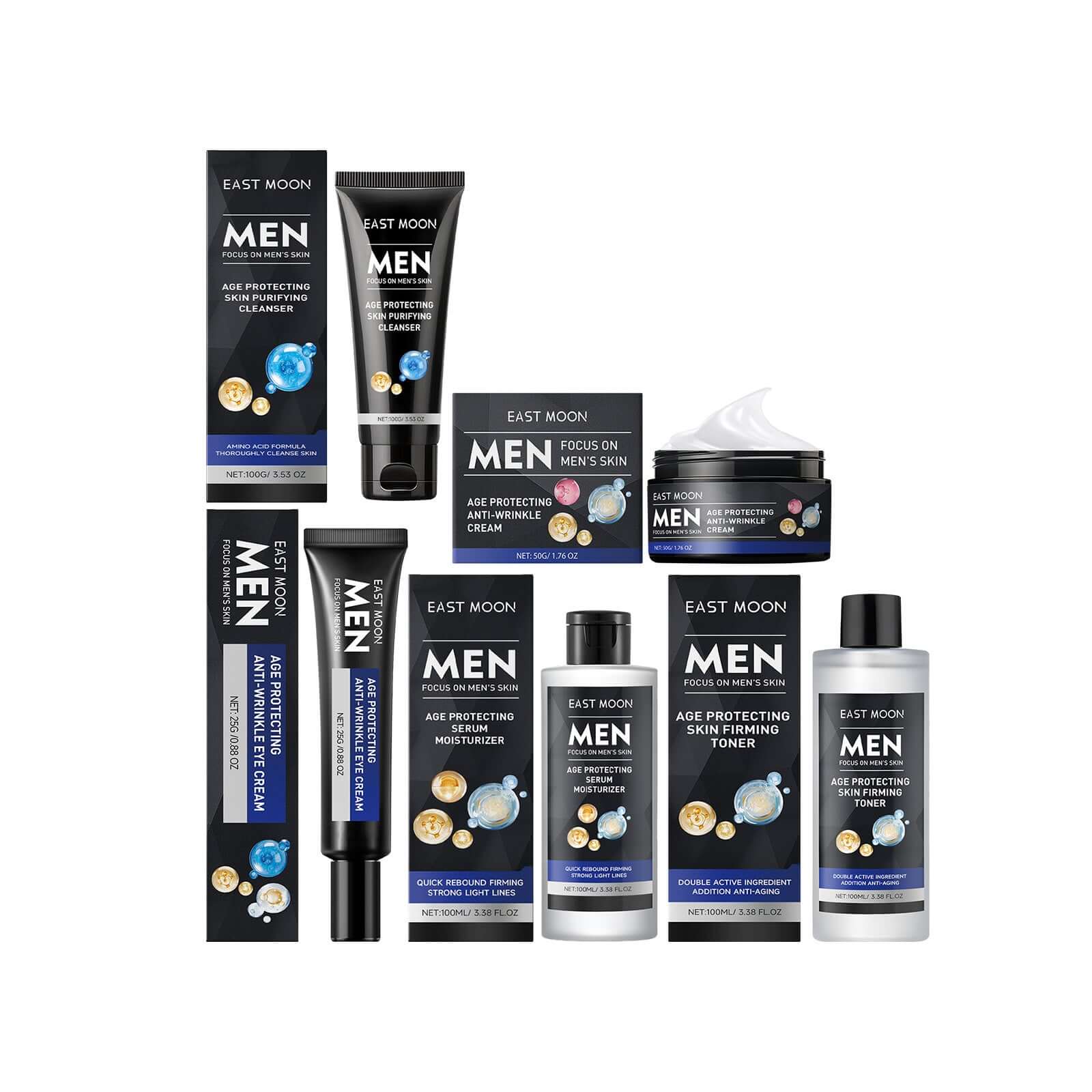 Collection of men's facial skincare products featuring men's deep cleansing face treatment for hydration and revitalization.