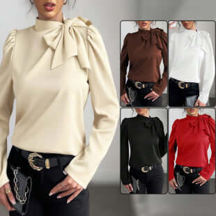 Elegant long sleeve shirt in various colors: apricot, black, coffee, red, and white with bow tie detail.